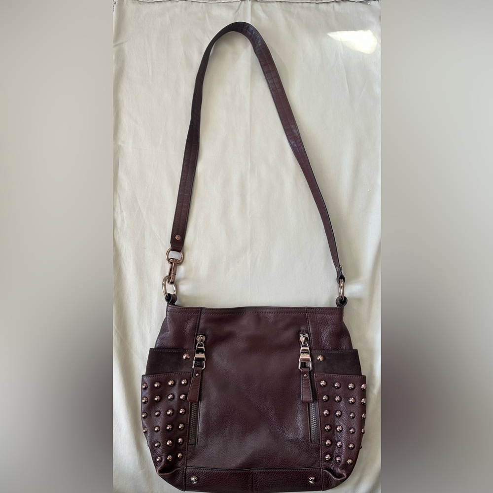 B. Makowsky Brown Studded Leather Shoulder Crossbody Purse Handbag Tote
